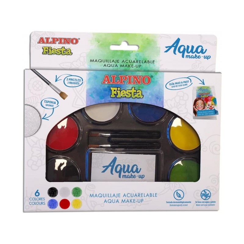 Alpino Fiesta Aqua Pack de Maquillage avec Palette de Maquillage Aquarelle 6 Couleurs + 2 Pinceaux + Éponge et Mode d'emploi