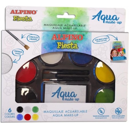 ✅ Alpino Fiesta Aqua Pack de Maquillage avec Palette de Maquillage Aquarelle 6 Couleurs + 2 Pinceaux + Éponge e en stock