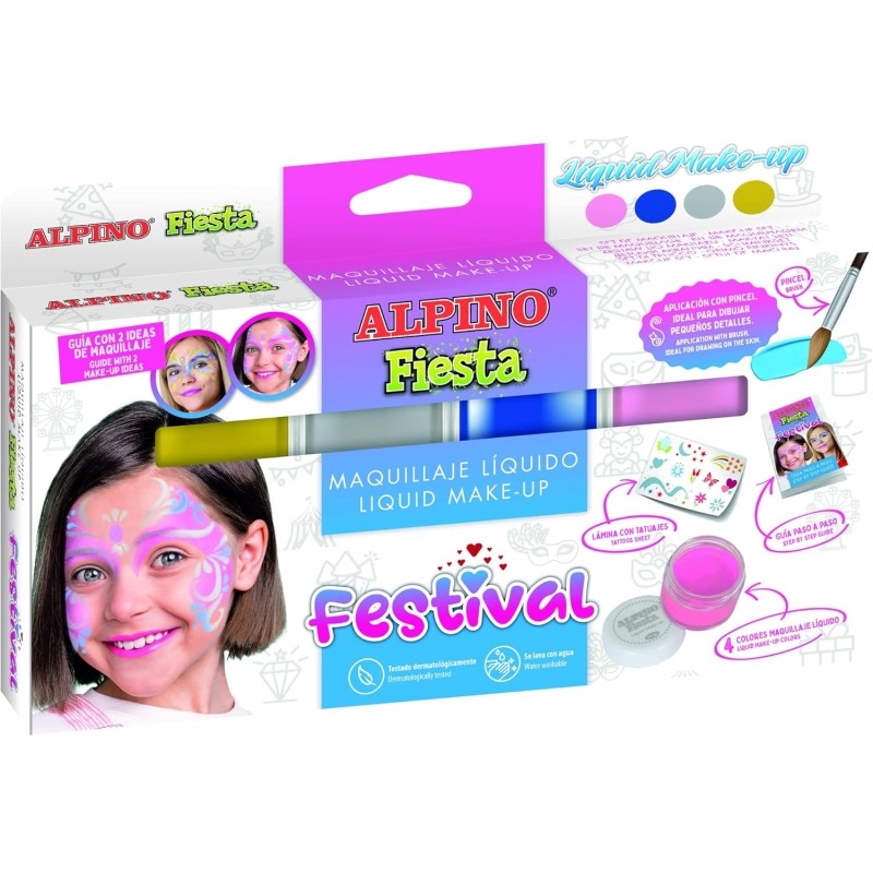 Alpino Fiesta Festival Pack de 4 Flacons de Maquillage Liquide de Différentes Couleurs + Pinceau + Guide d'Idées - Se Lave à