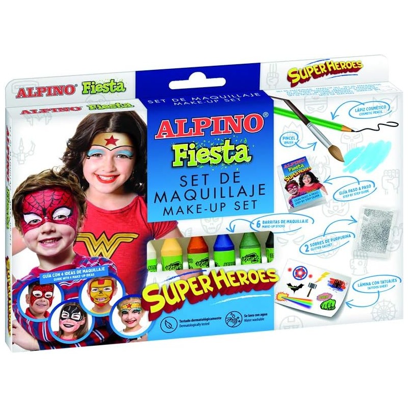 Pack de maquillage Alpino Fiesta Superheroes avec 6 bâtons de peinture pour le visage + pinceau + autocollants tatouages +