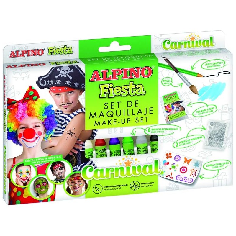 Alpino Fiesta Carnival Pack de Maquillage avec 6 Bâtons de Peinture pour le Visage + Pinceau + Autocollants Tatouages + Stylo