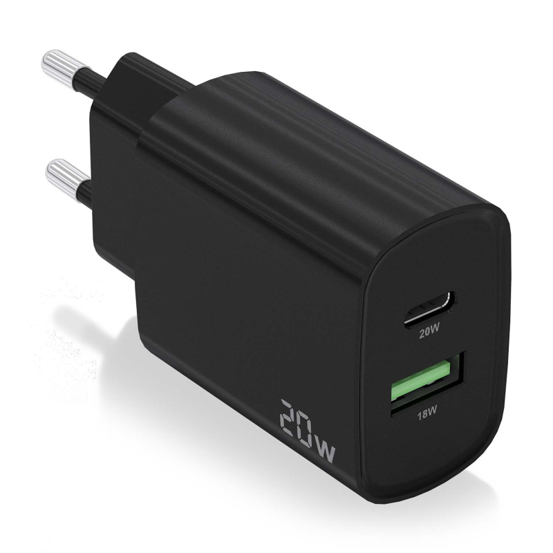 Chargeur Aisens 20W - 1xUSB-C PD3.0 - 1xUSB-A QC3.0 - Couleur Noir
