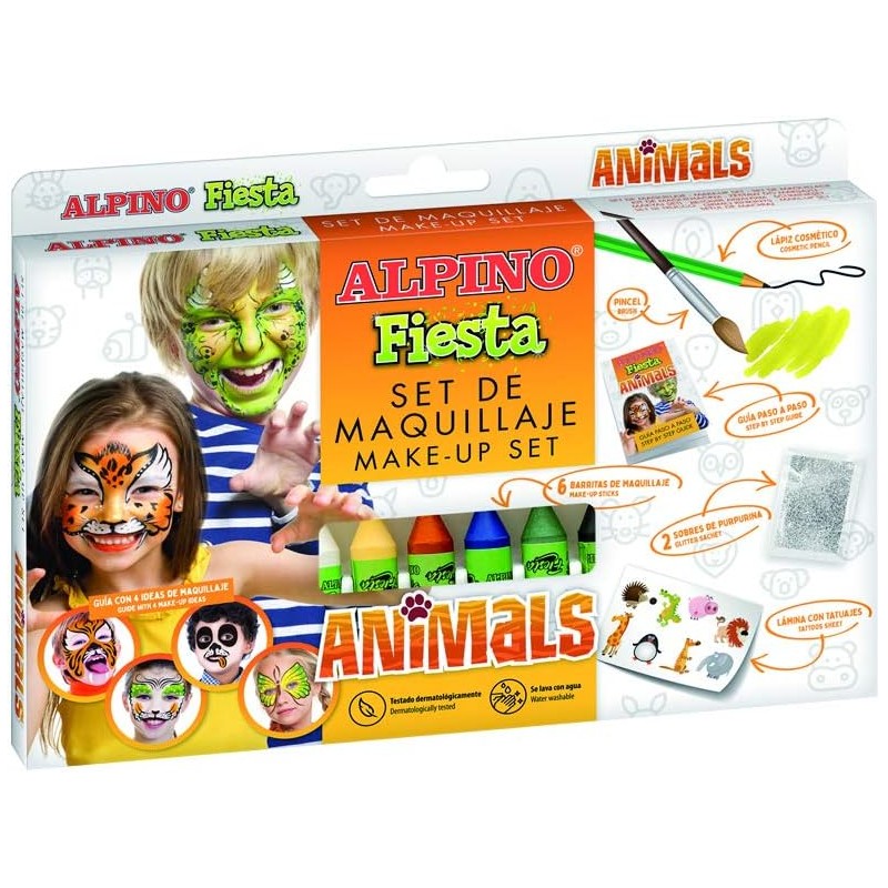 Alpino Fiesta Animals Pack de Maquillage avec 6 Bâtons de Peinture pour le Visage + Pinceau + Autocollants Tatouages + Stylo