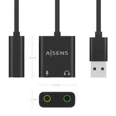 Aisens Convertisseur USB-A vers Audio 48KHz - USB-A/M-2xJACK 3.5/H - 10cm - Couleur Noir