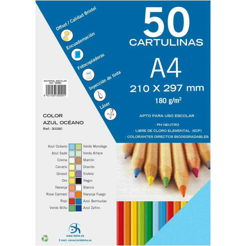 Dohe Pack de 50 Cartons A4 180 g/m² - Adapté à l'impression - PH Neutre - Sans Chlore Élémentaire - Coloris Bleu Océan