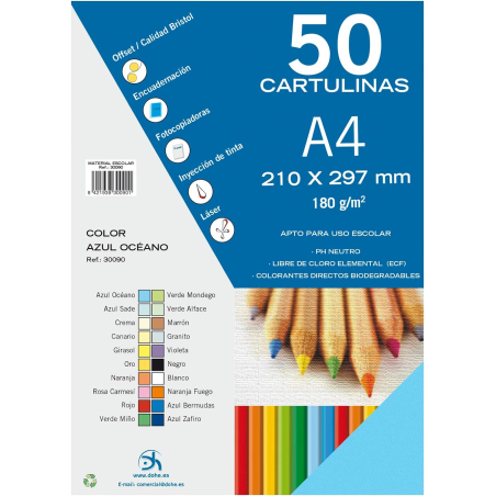 Dohe Pack de 50 Cartons A4 180 g/m² - Adapté à l'impression - PH Neutre - Sans Chlore Élémentaire - Coloris Bleu Océan