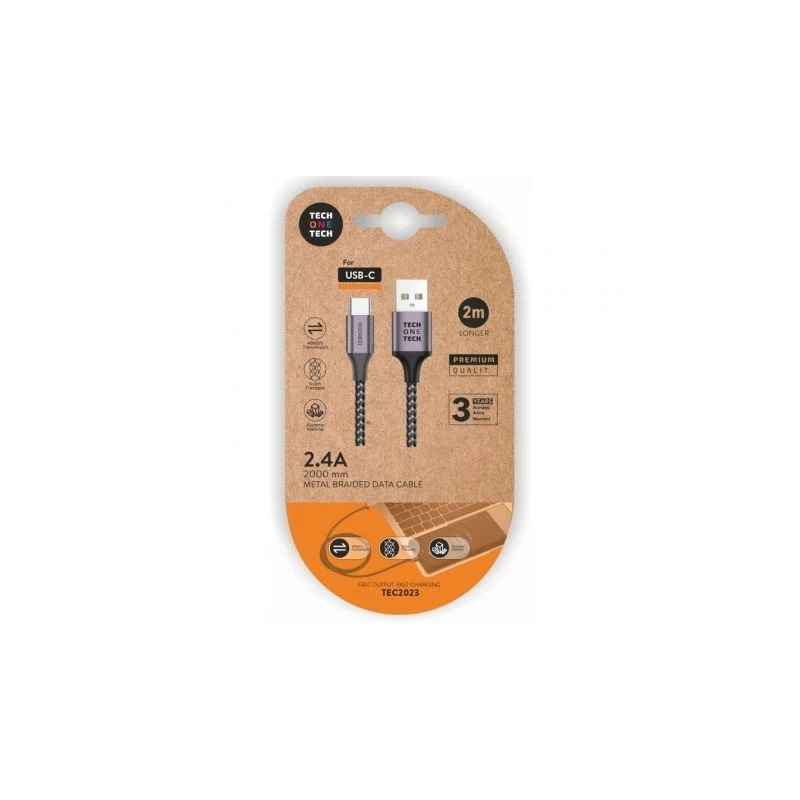 Câble TechOneTech USB-A mâle vers USB-C mâle 2 m - Revêtement en nylon tressé