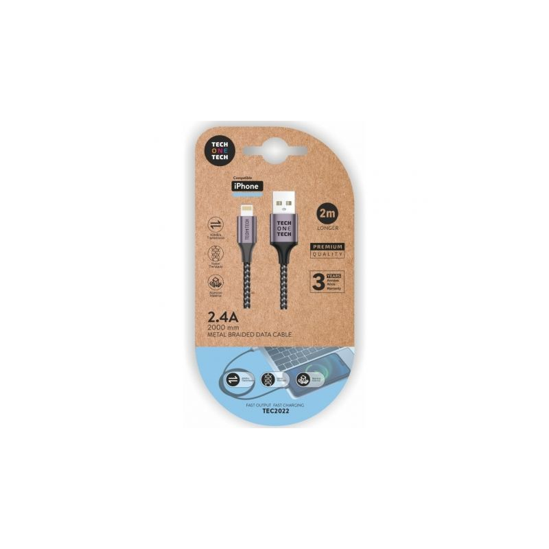Câble TechOneTech USB-A mâle vers Lightning mâle 2 m - Revêtement en nylon tressé