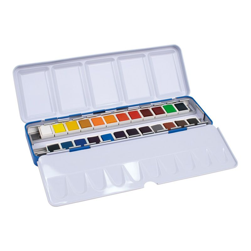 Milan Art Coffret métal de 24 aquarelles Godet moyen - Opaques et résistantes à la lumière - Miscibles - Plateau pliable