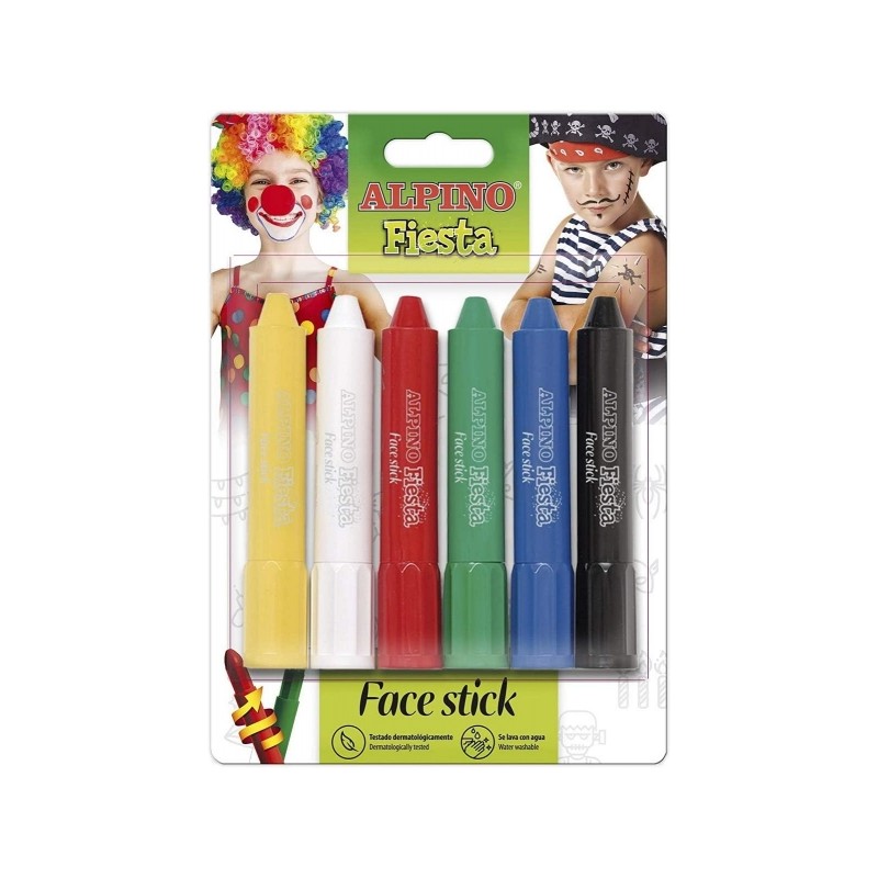 Alpino Fiesta Face Stick Pack avec 6 bâtons de peinture pour le visage - Système rétractable rotatif - Se lave à l'eau - Testé