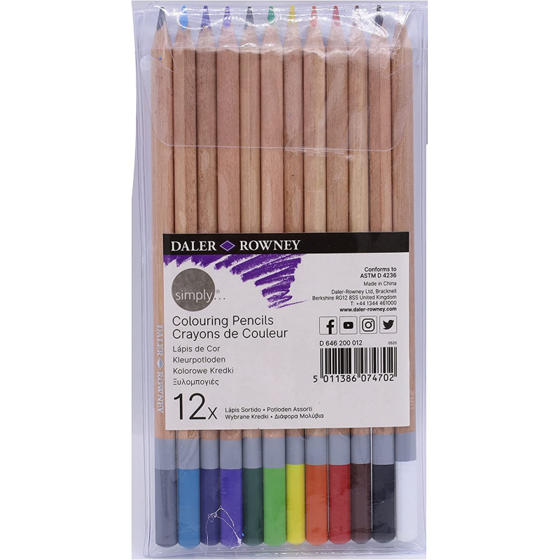Daler Rowney Simply Lot de 12 crayons de couleur ronds – Facile à tailler – Pour les étudiants et la maison – Couleurs assorties