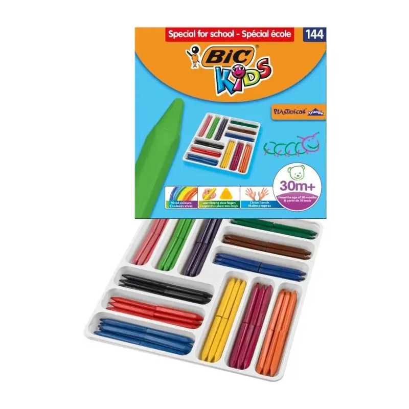 Bic Kids Plastidecor Triangle Boîte de 144 Crayons Cire - Facile à Tailler - Ne Tache pas