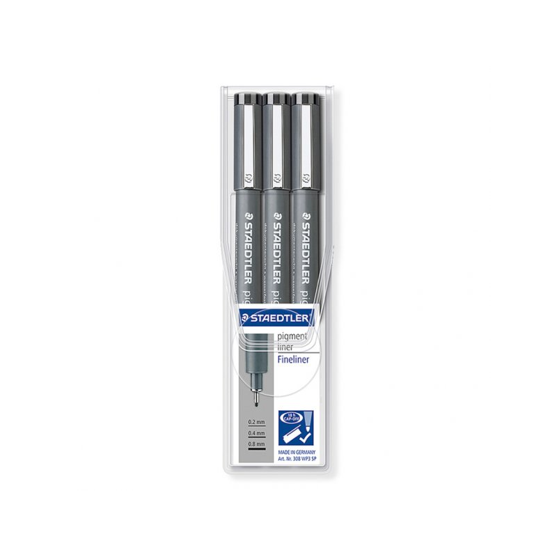 Staedtler Pigment Liner 308 lot de 3 marqueurs noirs pointe fine