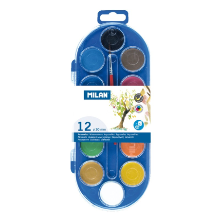 LOT de 6 Milan 80011 Coffret de 12 Aquarelles Ø30 mm + Pinceau Série 101 - Miscible - Couleurs Assorties