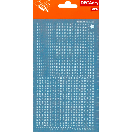 Numéros transférables Apli - 2,5 mm - Application facile - Résistant à l'eau - Blanc - 952 caractères