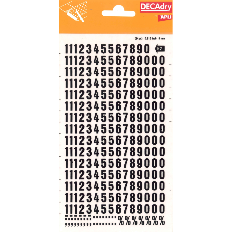 Numéros transférables Apli - 8 mm - Facile à appliquer - Résistant à l'eau - Noir