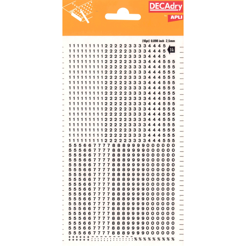 Numéros transférables Apli - 2,5 mm - Application facile - Noirs intenses - 952 caractères - Noir