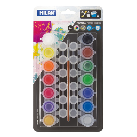 Milan Pack de 14 Pots Tempera 5 ml + 12 Pots Mélangeurs + 1 Pinceau Série 101 - Séchage Rapide - Miscible - Couleurs Assorties