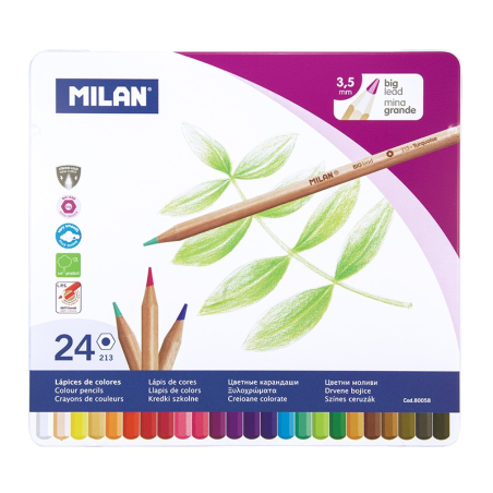 Lot de 24 crayons hexagonaux de couleur Milan - Mine épaisse 3,5 mm - Trait uniforme - Incassable - Couleurs assorties