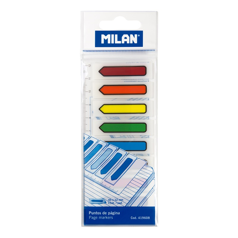 Bloc Milan de 120 marqueurs de page - Plastique - Comprend une règle - Couleurs transparentes assorties - Mesure 13 mm x 5,9 mm
