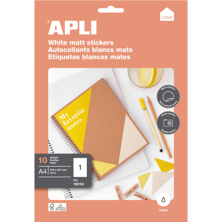 Apli Blanc Mat Home Labels 210 x 297mm 10 Feuilles