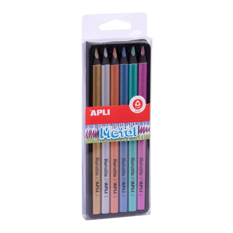 Crayons Métal Apli Jumbo - 5mm - Couleurs Or, Argent, Bronze, Bleu, Turquoise et Violet - Ligne 5mm - Bois Triangulaire