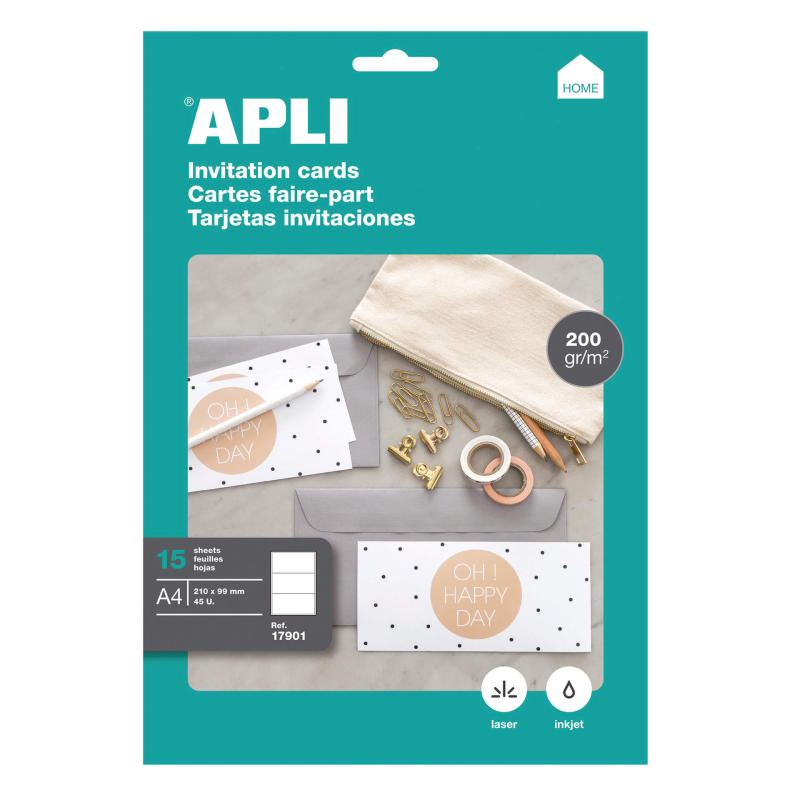 Apli Home Cartes d'Invitation 210 x 99mm 200 Gr 15 Feuilles