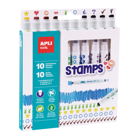 Marqueurs Apli Stamps - Ø 14,4x137 mm - Double pointe avec tampon et couleur - 10 couleurs/tampons différents - Corps