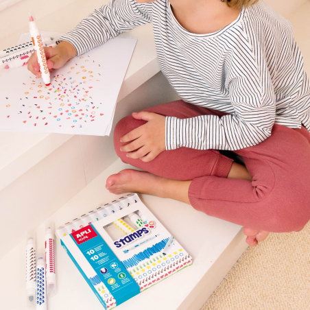 Marqueurs Apli Stamps - Ø 14,4x137 mm - Double pointe avec tampon et couleur - 10 couleurs/tampons différents - Corps