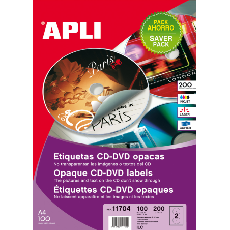 Apli Permanent CD/DVD Labels Mega Size Opaque Back 100 Feuilles I/L/C