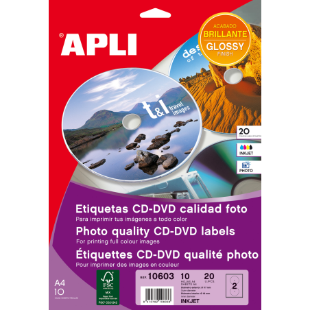 Apli Permanent CD/DVD Labels Mega Glossy Size 10 Feuilles d'encre