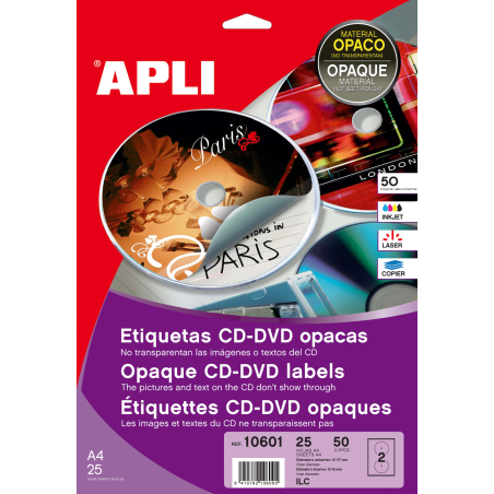 Apli Permanent CD/DVD Labels Mega Size Opaque Back 25 Feuilles I/L/C