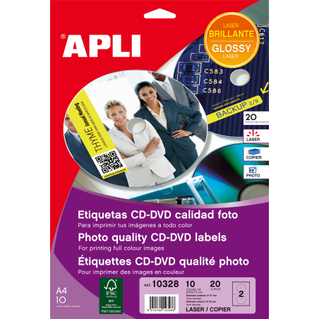 Apli Permanent CD/DVD Labels Mega Glossy Size 10 Feuilles L/C