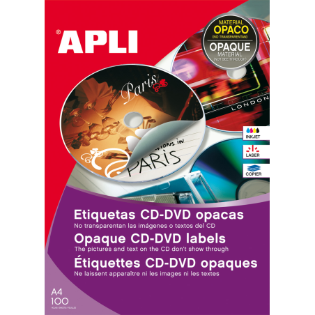 Apli Permanent CD/DVD Étiquettes Taille Classique Dos Opaque 100 Feuilles I/L/C
