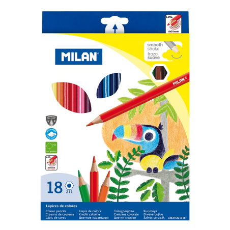 Lot de 18 crayons hexagonaux de couleur Milan - Mine 2,9 mm - Ligne uniforme - Incassable - Couleurs assorties