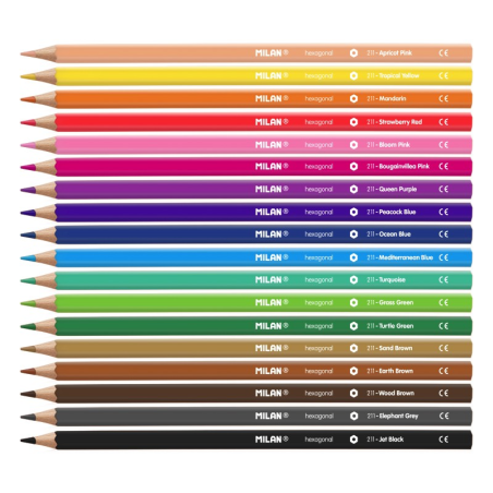 Lot de 18 crayons hexagonaux de couleur Milan - Mine 2,9 mm - Ligne uniforme - Incassable - Couleurs assorties