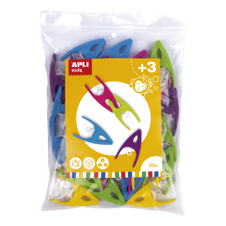Pinces Apli en Plastique pour Enfants - Taille 60x33x15 - Couleurs Assorties : Jaune, Fuchsia, Lilas, Vert et Bleu - Haute
