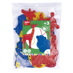 Apli Animal Kit de Couture - Format Maxi - 6 Animaux en Plastique avec Trous - 18 Cordes Colorées - Développe la