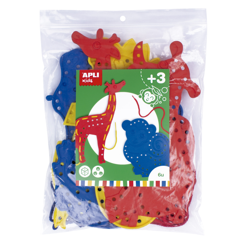 Apli Animal Kit de Couture - Format Maxi - 6 Animaux en Plastique avec Trous - 18 Cordes Colorées - Développe la
