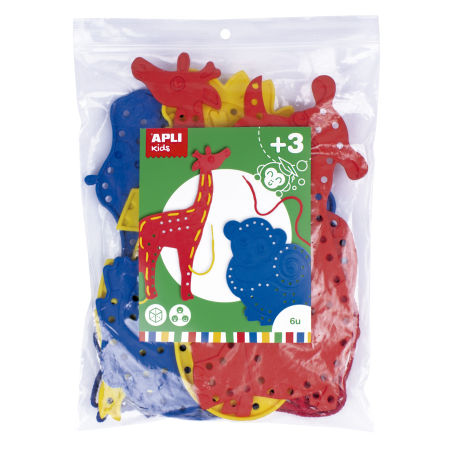 Apli Animal Kit de Couture - Format Maxi - 6 Animaux en Plastique avec Trous - 18 Cordes Colorées - Développe la
