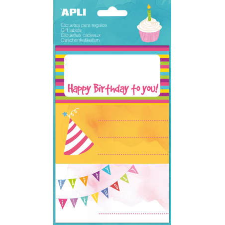 LOT de 10 Étiquettes adhésives Apli Happy Birthday - Taille 76x39mm - 9 étiquettes sur 3 feuilles - Adhésif permanent de haute