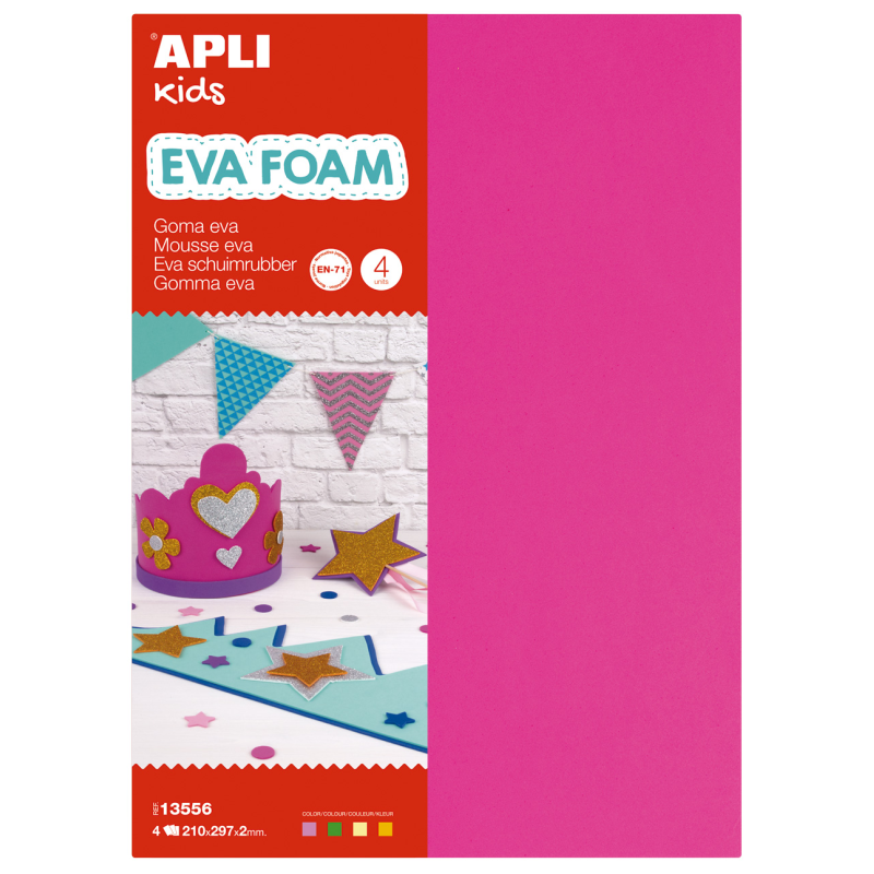 Apli Goma Eva Fluorescent - Format A4 - 4 Feuilles - Fuchsia, Vert, Jaune et Orange