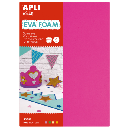 Apli Goma Eva Fluorescent - Format A4 - 4 Feuilles - Fuchsia, Vert, Jaune et Orange