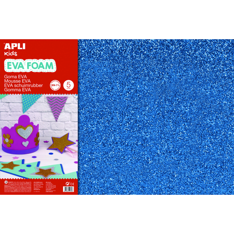 Apli Goma Eva Blue Glitter 600x400mm - 3 Feuilles Brillantes et Souples