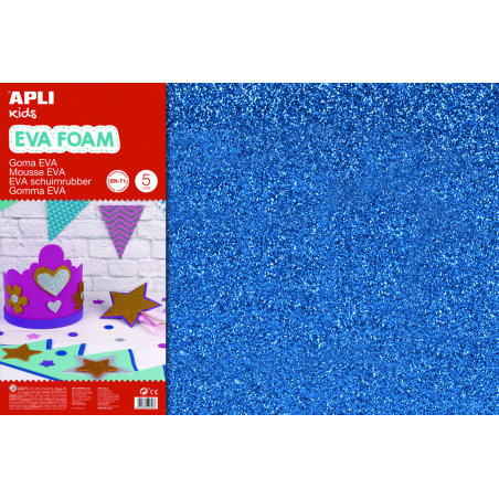 Apli Goma Eva Blue Glitter 600x400mm - 3 Feuilles Brillantes et Souples
