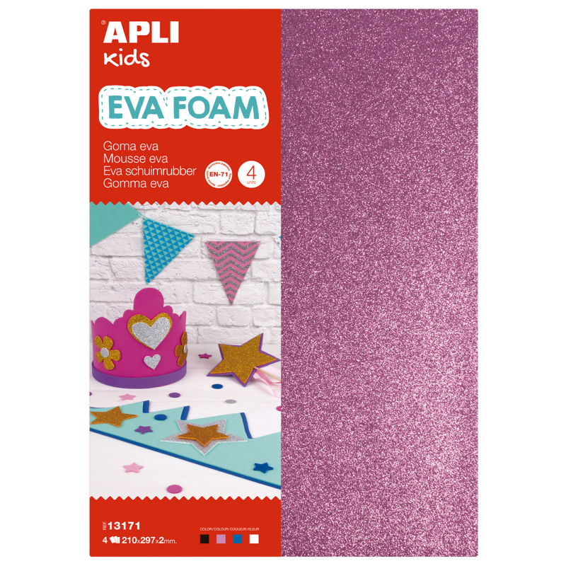Apli Goma Eva Purpurina A4 4 Feuilles - Blanc, Noir, Rouge et Bleu - Idéal pour l'Artisanat et la Décoration