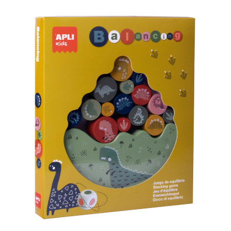 Apli Dinosaur Balancing Game - 16 pièces en bois de haute qualité - Base d'équilibrage - Dés avec couleurs - 3 tailles de
