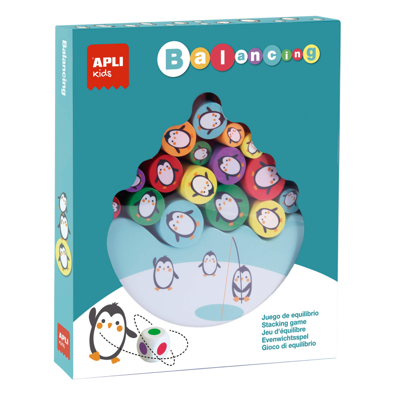 Apli Penguin Balancing Game - 16 pièces en bois de haute qualité - Base en forme d'iceberg - Dés avec couleurs - 3 tailles de