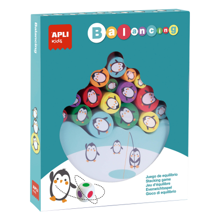 Apli Penguin Balancing Game - 16 pièces en bois de haute qualité - Base en forme d'iceberg - Dés avec couleurs - 3 tailles de