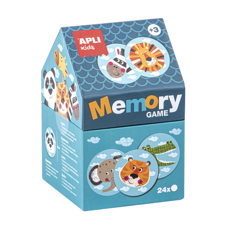 Jeu de mémoire pour enfants Apli - 24 pièces Ø 8 cm - Dessins d'animaux amusants - Boîte en forme de maison - Résistant et sûr